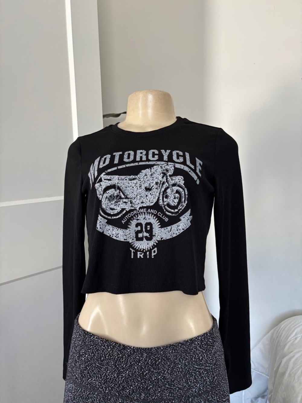 Dazy Black Ribbed Cropped Long Sleeve Motorcycle Print Shirt